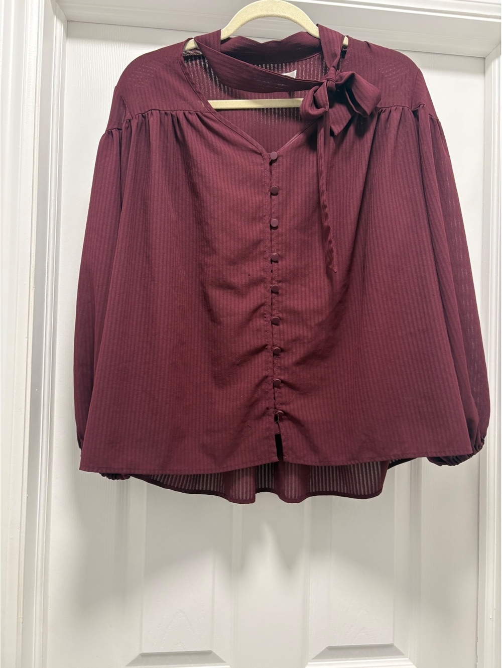 Time and Tru Burgundy Button-Up Blouse with Neck Tie